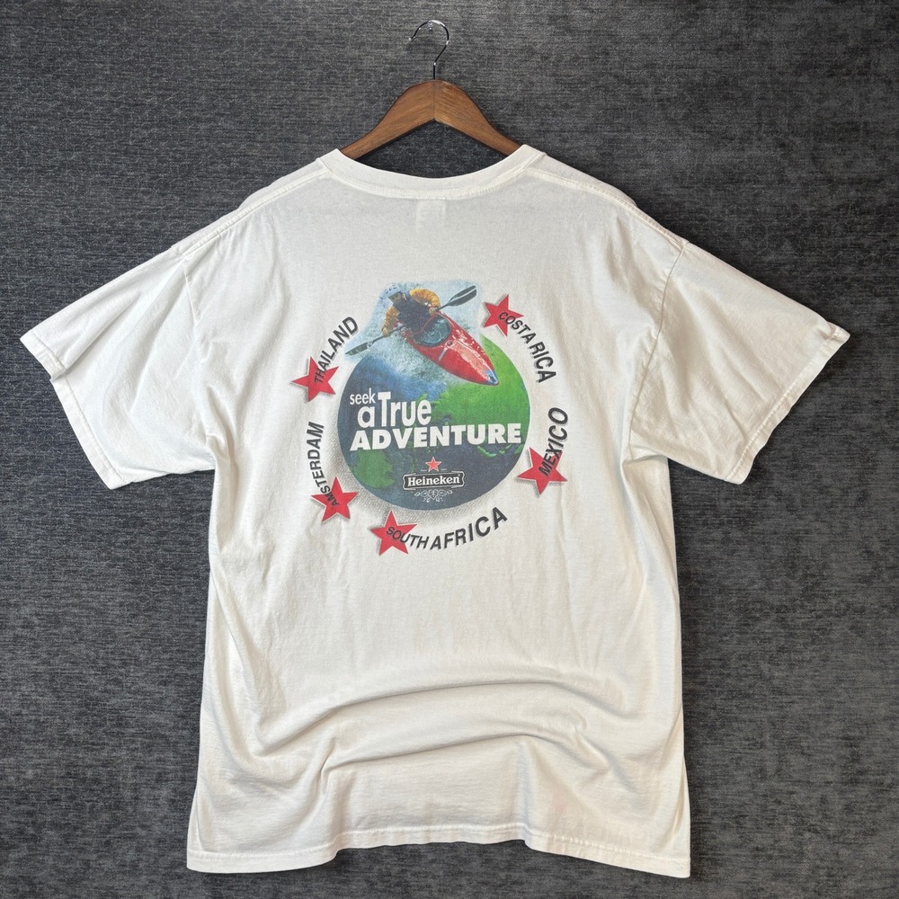 Vintage Heineken Seek a True Adventure T-Shirt Mens XL White Beer Grunge Y2K